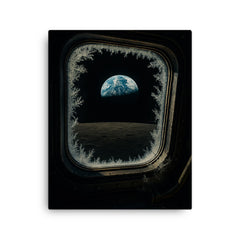 Apollo 8 Earthrise through frost rimmed command window canvas print on a plain backdrop in size 16"x20".