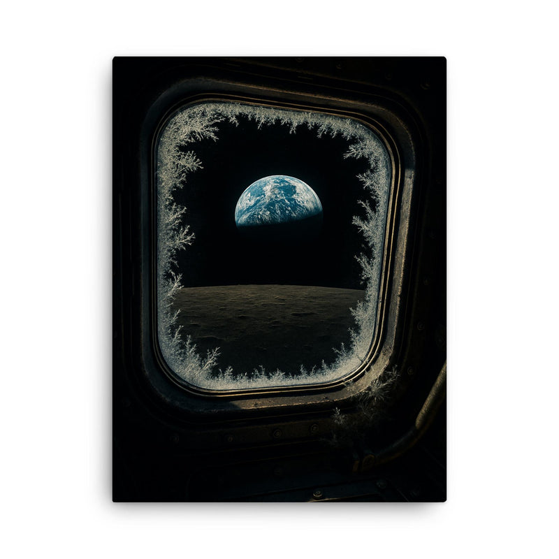 Apollo 8 Earthrise through frost rimmed command window canvas print on a plain backdrop in size 18
