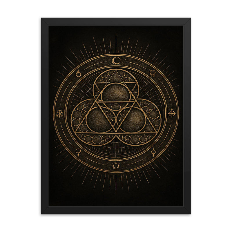 Apollonian gasket like engraved occult geometry framed print on a plain backdrop in size 18