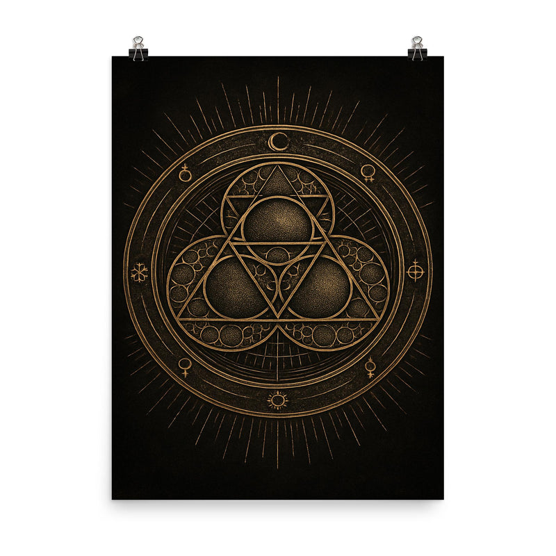 Apollonian gasket like engraved occult geometry poster on a plain backdrop in size 8