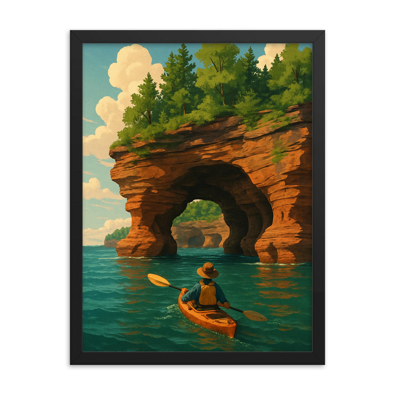 Apostle Island Sea Caves Wisconsin USA framed print on a plain backdrop in size 18