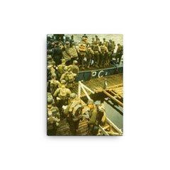 Apprehensive GIs Loading Onto a British Landing Craft for the Invasion of Normandy, D-Day 1944 canvas print on a plain backdrop in size 12"x16".