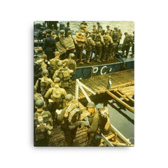Apprehensive GIs Loading Onto a British Landing Craft for the Invasion of Normandy, D-Day 1944 canvas print on a plain backdrop in size 16"x20".