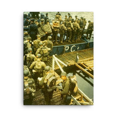 Apprehensive GIs Loading Onto a British Landing Craft for the Invasion of Normandy, D-Day 1944 canvas print on a plain backdrop in size 18"x24".