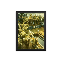 Apprehensive GIs Loading Onto a British Landing Craft for the Invasion of Normandy, D-Day 1944 framed print on a plain backdrop in size 12"x16".