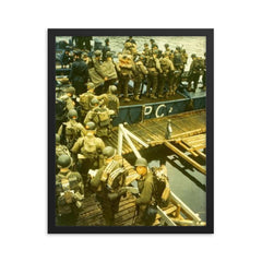 Apprehensive GIs Loading Onto a British Landing Craft for the Invasion of Normandy, D-Day 1944 framed print on a plain backdrop in size 16"x20".