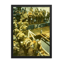 Apprehensive GIs Loading Onto a British Landing Craft for the Invasion of Normandy, D-Day 1944 framed print on a plain backdrop in size 18"x24".