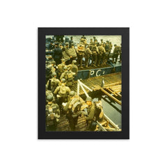 Apprehensive GIs Loading Onto a British Landing Craft for the Invasion of Normandy, D-Day 1944 framed print on a plain backdrop in size 8"x10".