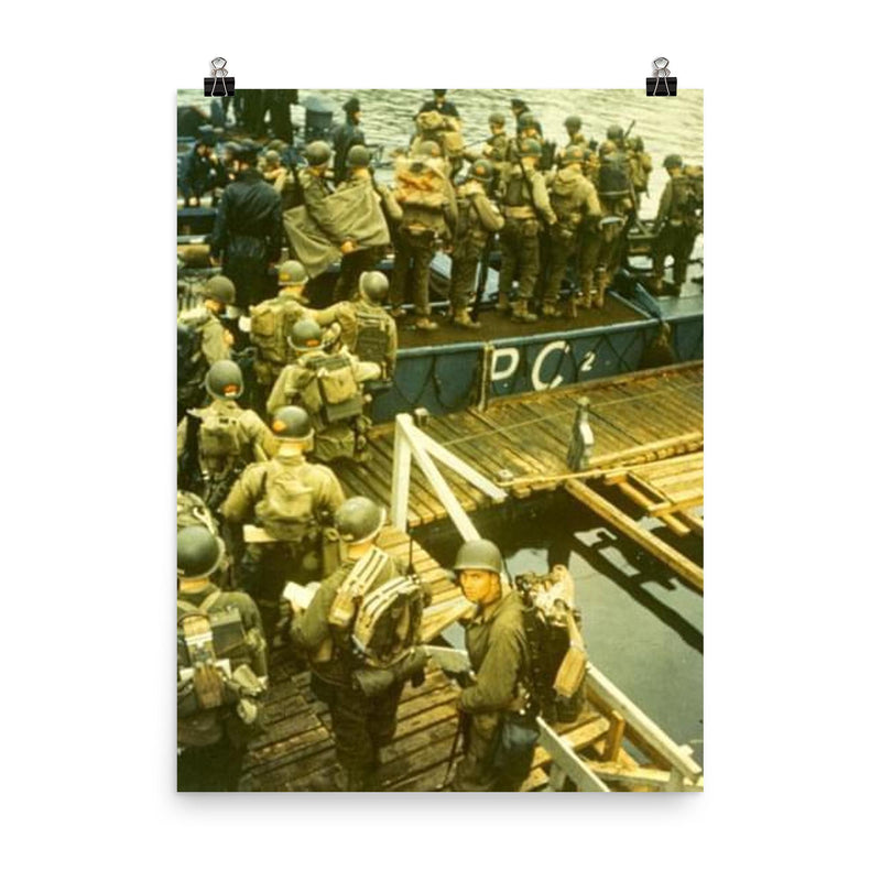 Apprehensive GIs Loading Onto a British Landing Craft for the Invasion of Normandy, D-Day 1944 poster on a plain backdrop in size 8