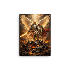 Archangel Michael over shattered infernal armor canvas print on a plain backdrop in size 12"x16".