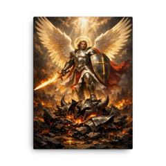 Archangel Michael over shattered infernal armor canvas print on a plain backdrop in size 18"x24".