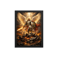 Archangel Michael over shattered infernal armor framed print on a plain backdrop in size 12"x16".