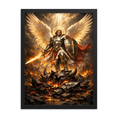 Archangel Michael over shattered infernal armor framed print on a plain backdrop in size 18"x24".