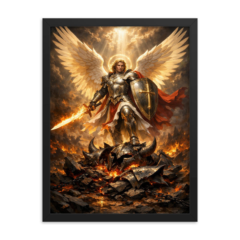Archangel Michael over shattered infernal armor framed print on a plain backdrop in size 18