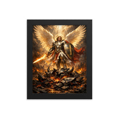 Archangel Michael over shattered infernal armor framed print on a plain backdrop in size 8"x10".