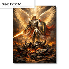 Archangel Michael over shattered infernal armor metal print on a plain backdrop in size 12"x16".