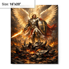 Archangel Michael over shattered infernal armor metal print on a plain backdrop in size 16"x20".