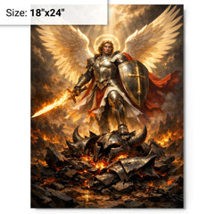 Archangel Michael over shattered infernal armor metal print on a plain backdrop in size 18"x24".