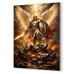 Archangel Michael over shattered infernal armor metal print mockup