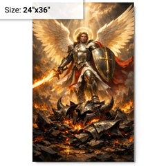 Archangel Michael over shattered infernal armor metal print on a plain backdrop in size 24"x36".