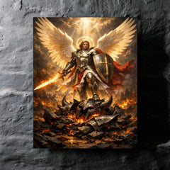 Archangel Michael over shattered infernal armor metal print mockup