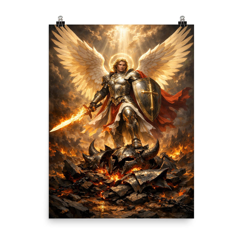 Archangel Michael over shattered infernal armor poster on a plain backdrop in size 8