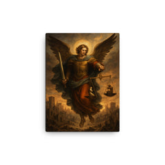 Archangel Michael weighing souls over a ruined city canvas print on a plain backdrop in size 12"x16".
