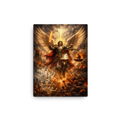 Archangel Michael weighing souls over a ruined city canvas print on a plain backdrop in size 12"x16".