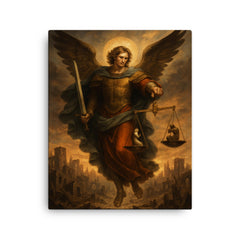 Archangel Michael weighing souls over a ruined city canvas print on a plain backdrop in size 16"x20".