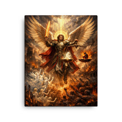 Archangel Michael weighing souls over a ruined city canvas print on a plain backdrop in size 16"x20".