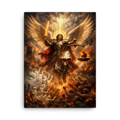 Archangel Michael weighing souls over a ruined city canvas print on a plain backdrop in size 18"x24".