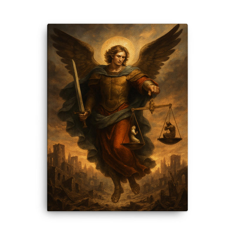 Archangel Michael weighing souls over a ruined city canvas print on a plain backdrop in size 18