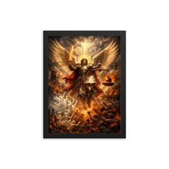 Archangel Michael weighing souls over a ruined city framed print on a plain backdrop in size 12"x16".