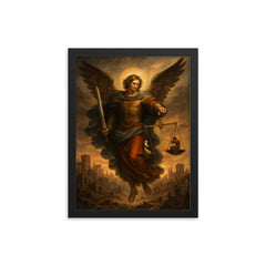 Archangel Michael weighing souls over a ruined city framed print on a plain backdrop in size 12"x16".