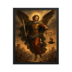 Archangel Michael weighing souls over a ruined city framed print on a plain backdrop in size 16"x20".