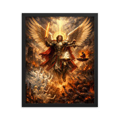 Archangel Michael weighing souls over a ruined city framed print on a plain backdrop in size 16"x20".