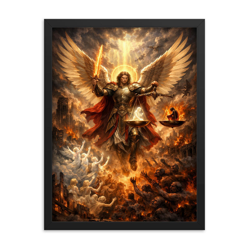 Archangel Michael weighing souls over a ruined city framed print on a plain backdrop in size 18