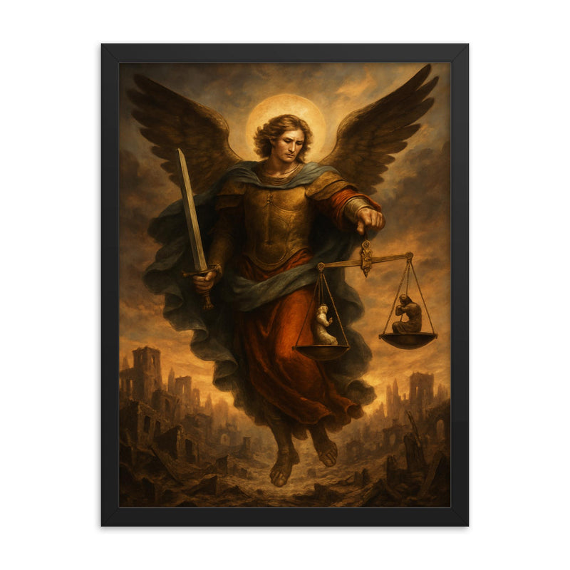 Archangel Michael weighing souls over a ruined city framed print on a plain backdrop in size 18