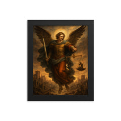 Archangel Michael weighing souls over a ruined city framed print on a plain backdrop in size 8"x10".