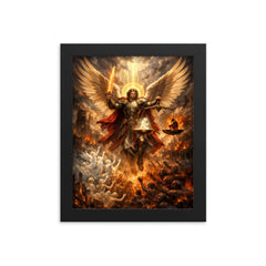 Archangel Michael weighing souls over a ruined city framed print on a plain backdrop in size 8"x10".