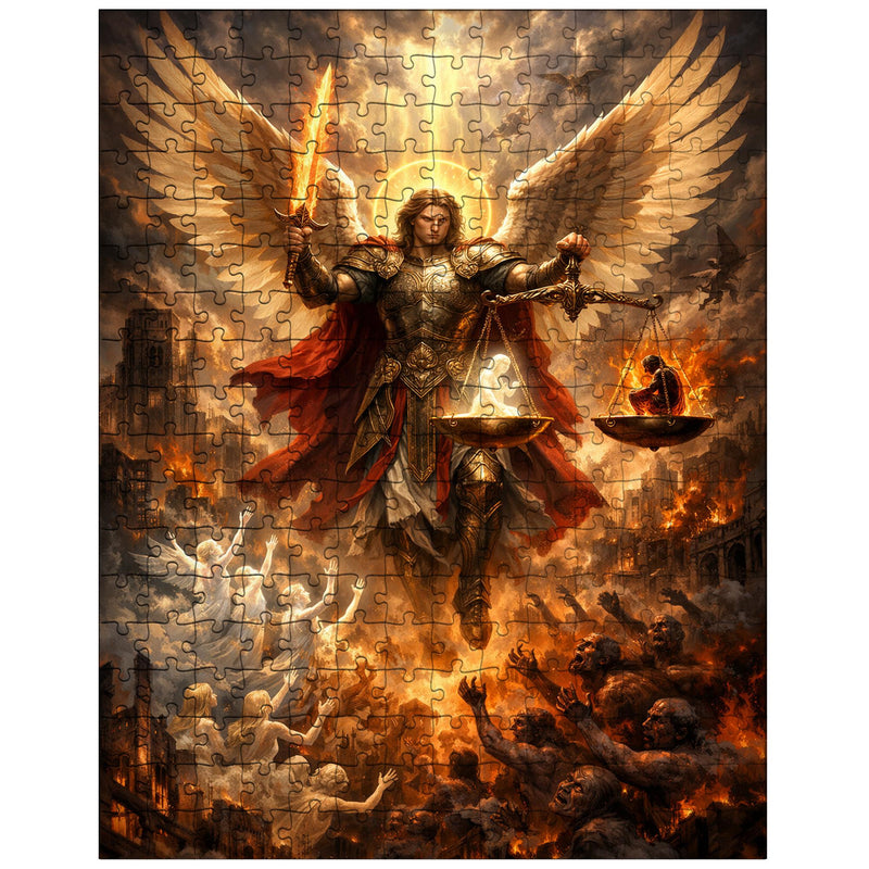 Archangel Michael weighing souls over a ruined city jigsaw puzzle