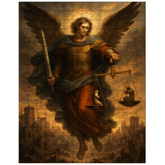 Archangel Michael weighing souls over a ruined city jigsaw puzzle
