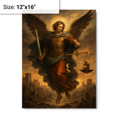 Archangel Michael weighing souls over a ruined city metal print on a plain backdrop in size 12"x16".