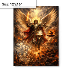 Archangel Michael weighing souls over a ruined city metal print on a plain backdrop in size 12"x16".