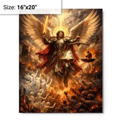 Archangel Michael weighing souls over a ruined city metal print on a plain backdrop in size 16"x20".