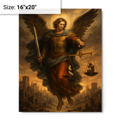 Archangel Michael weighing souls over a ruined city metal print on a plain backdrop in size 16"x20".