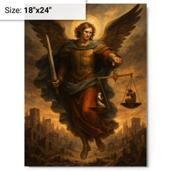 Archangel Michael weighing souls over a ruined city metal print on a plain backdrop in size 18"x24".