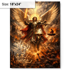 Archangel Michael weighing souls over a ruined city metal print on a plain backdrop in size 18"x24".