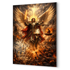 Archangel Michael weighing souls over a ruined city metal print mockup