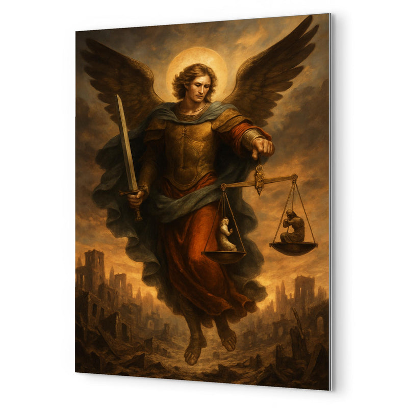Archangel Michael weighing souls over a ruined city metal print mockup
